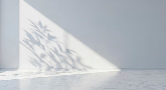 White room with natural light and plant shadows on the wall and marble floor creating a bright diagonal area