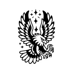 Majestic eagle soaring with wings spread wide, sharp talons extended, surrounded by sparkling stars, symbolizing freedom and power.