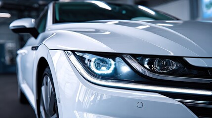 Naklejka premium Detailed Close-Up of Modern White Vehicle's Front Light with Advanced LED Technology