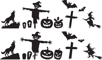 Halloween spooky silhouettes. Creepy pumpkins, ghosts, gravestones, zombie hands and bats flat vector illustration set. Horror halloween celebration silhouettes 