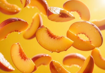 Fresh juicy peach slices falling in the air against a vibrant yellow background