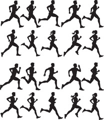 Dynamic runner silhouette set, runner vector in various poses for fitness and sport designs.