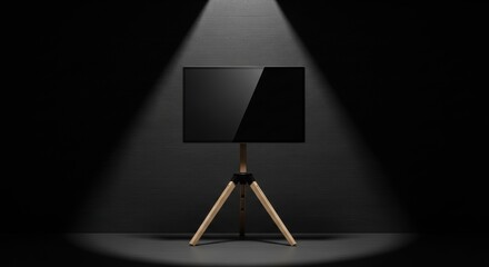 Modern TV on Wooden Tripod Stand, Presentation Display, Black Background