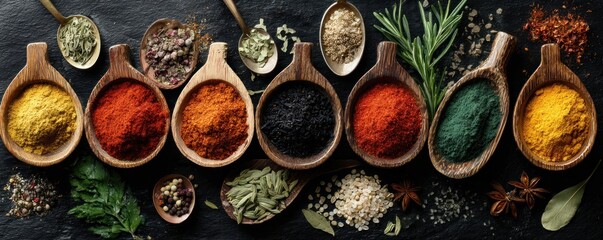Aromatic Spice Collection: Diverse Culinary Delights in Wooden Spoons