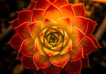 Macro of a vibrant red and yellow Echeveria succulent with water drops