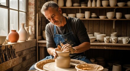 Potter Shaping Clay on a Pottery Wheel