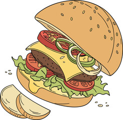 Delicious burger cut in half revealing fresh inside ingredients