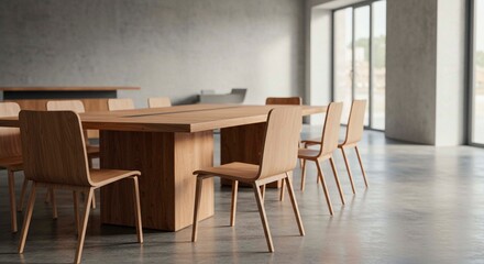 A conference room with a large wooden table and chairs in a modern setting with natural light coming in