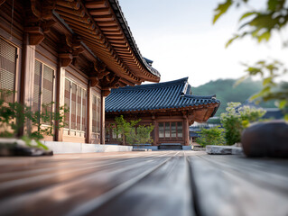Naklejka premium A unique perspective of a Korean Hanok, seen from the ground. The elegant wooden beams, tiled roof, and tranquil cultural atmosphere stand out.