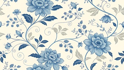 Fototapeta premium Elegant blue floral pattern with delicate vines and leaves