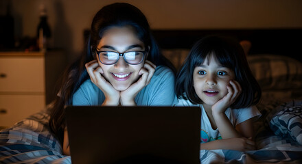 Two happy young sisters watching a laptop screen together in the dark
