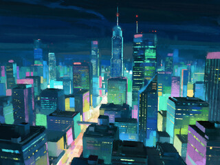 Vibrant digital painting of a futuristic city skyline illuminated with neon lights. The cyberpunk-inspired illustration showcases tall skyscrapers, glowing streets, and colorful buildings, ideal