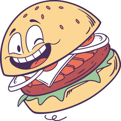 Happy cartoon burger character with a big smile and bright colors