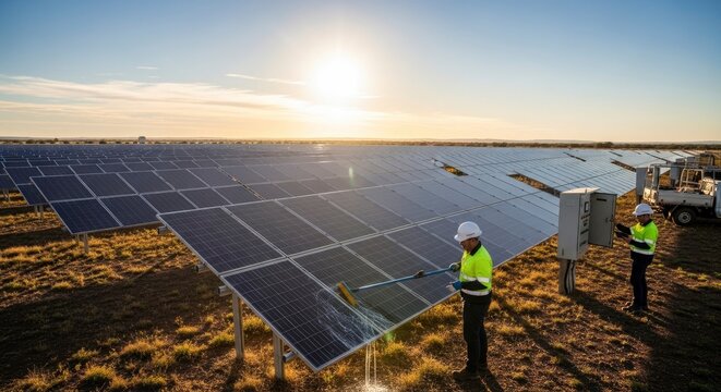 Workers service a solar farm one cleans a panel another inspects an electrical box under a bright sky
