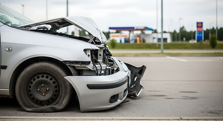 Damaged Silver Car After a Road Accident with Flat Tire