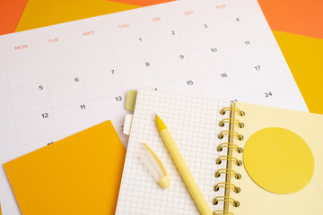 Monthly calendar. Calendar with date on paper. Day planner. Schedule of the week, month and year. Modern organizer. Business diary. Deadline reminder. Daily event management. Template and grid