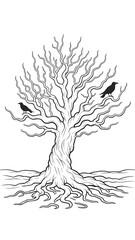 Naklejka premium Bare tree with roots and birds