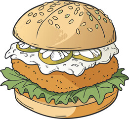 Crispy fish burger with tartar sauce and lemon slice vector illustration