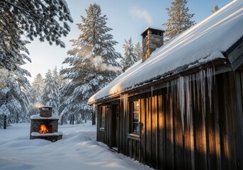 Wooden cabin in a snowy forest with icicles and a lit outdoor fireplace