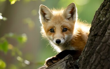 Young fox peeking from tree trunk