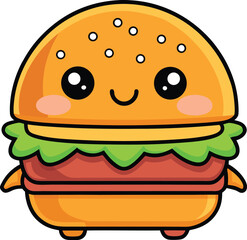 Adorable kawaii burger character with a cheerful smiling face