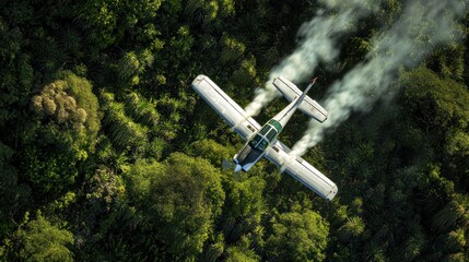 Aerial view of a crop duster spraying over lush green forest canopy