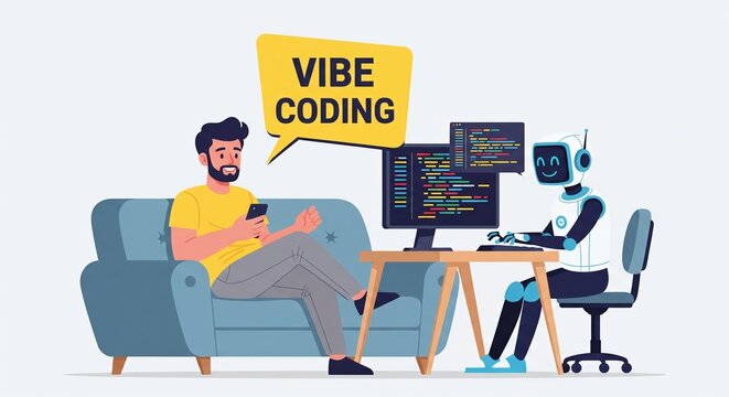 Cute cartoon vector illustration with programmer on sofa smiling at smartphone while friendly humanoid robot types colorful syntax code at desk, bright comic bubble above shows inscription VIBE CODING