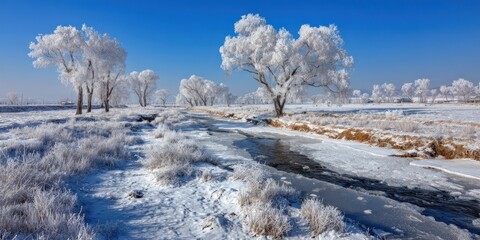 Winter Wonderland: Frozen River and Snow-Covered Trees