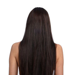 Woman with damaged hair before lamination procedure on white background