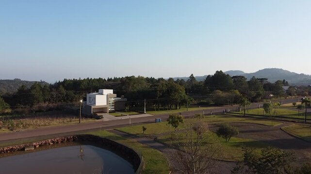 Drone footage of Linha Nova square with city hall in the background