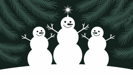 Obraz premium Three cheerful snowmen stand together under dark evergreen branches, celebrating winter fun
