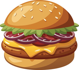 Delicious gourmet burger illustration with melted cheese and caramelized onions