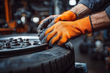 Skilled Technician Wearing Orange Mechanic Gloves Assembles Wheel on Vehicle