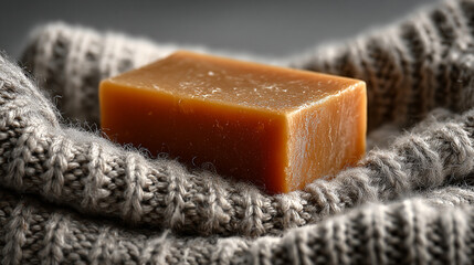 Close up of a bar of brown soap resting on a gray knitted wool fabric with soft lighting details