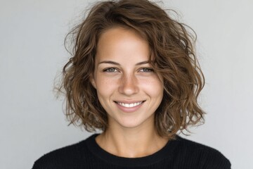 Fototapeta premium A joyful woman with a happy expression and a stylish, curly hairstyle presents a radiant and welcoming portrait.
