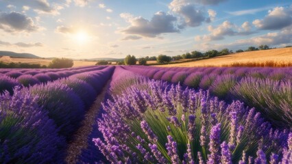 Fototapeta premium Radiant Sunset Over Lush Lavender Rows and Golden Wheat Fields