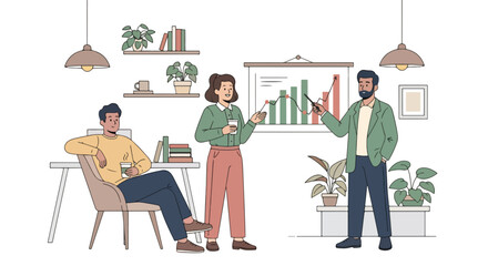 Flat style illustration of colleagues discussing bar charts during a casual office meeting with coffee, symbolizing teamwork, strategy, communication, and workplace collaboration