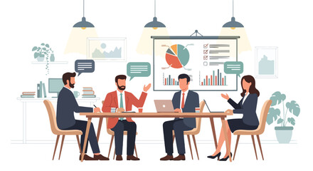 Flat style illustration of business professionals discussing charts and strategies in a meeting room, symbolizing teamwork, communication, planning, and corporate success