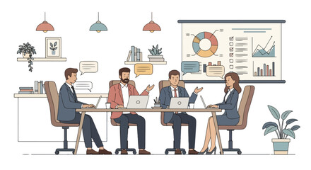 Flat style illustration of business professionals discussing charts and strategies in a meeting room, symbolizing teamwork, communication, planning, and corporate success