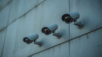 Three security cameras installed on modern concrete building wall for surveillance and safety protection system