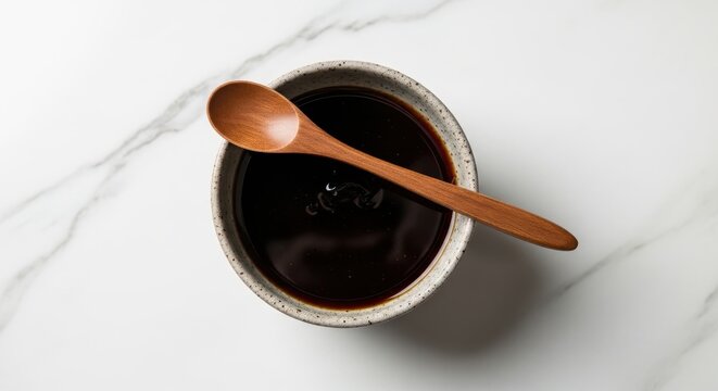 Soy Sauce in a Bowl with Wooden Spoon - Overhead View