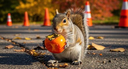 Squirrel Holding Persimmon Fruit on Asphalt Road in Autumn