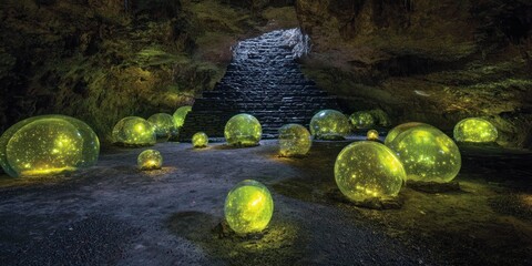 Enigmatic Glowing Spheres in a Mysterious Cave