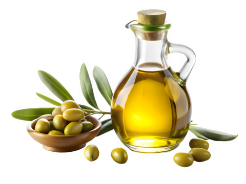 Glass bottle of golden olive oil with fresh olives and leaves on transparent background - Powered by Adobe