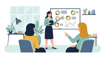 Flat style illustration of a businesswoman presenting data charts to colleagues in an office meeting, symbolizing teamwork, strategy, leadership, and professional growth in a modern workplace