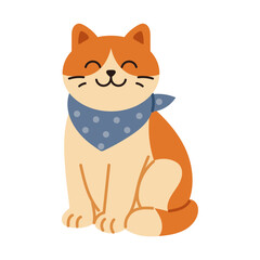 Vector beige and red cat with blue scarf. Calm cat sitting and wearing scarf. Funny smiling kitten in flat design.