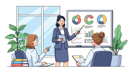 Flat style illustration of a businesswoman presenting data charts to colleagues in an office meeting, symbolizing teamwork, strategy, leadership, and professional growth in a modern workplace
