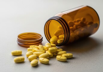 Yellow pills spilling out of an amber medicine bottle onto a surface