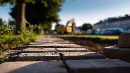 Obraz premium Construction workers building a brick path in a residential area