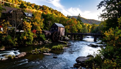 Obraz premium Autumnal mill scene by a flowing river